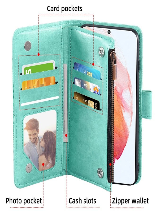 أسو ويش جراب محفظة متوافق مع سامسونج جالاكسي S21 5G بشاشة 6.2 بوصة من أسويش، مع واقي شاشة من الزجاج المقوى، وحامل بطاقات قابل للطي، وغطاء هاتف، وحامل ملحقات للهواتف المحمولة، مناسب للرجال والنساء، باللون الأخضر. - Image 5