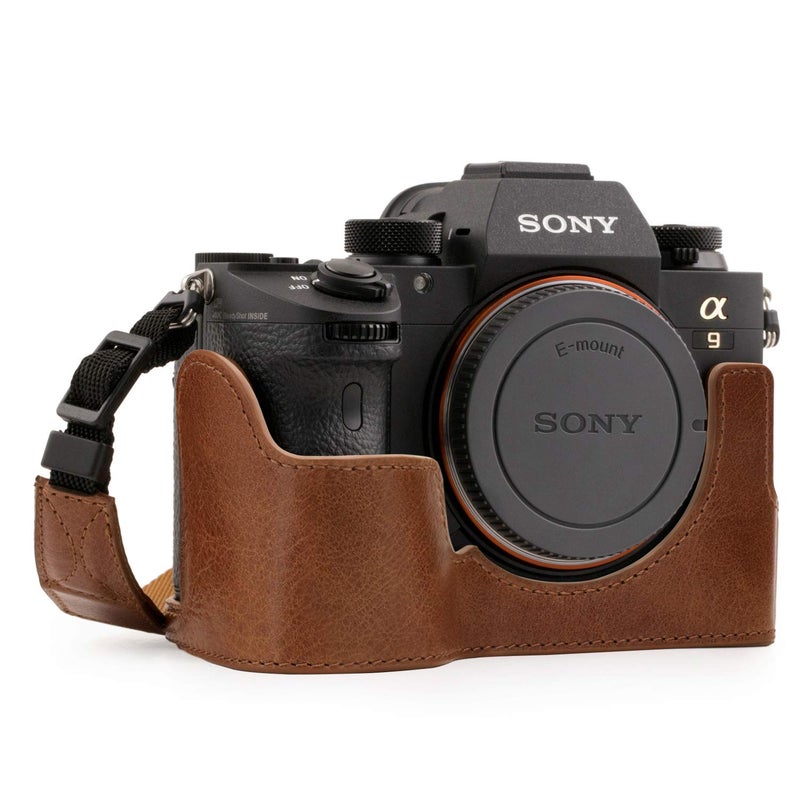 MegaGear MG1244 Sony Alpha A7RIII, A9, A7III Ever Ready Genuine Leather Camera Half Case and Strap - Brown - Image 1