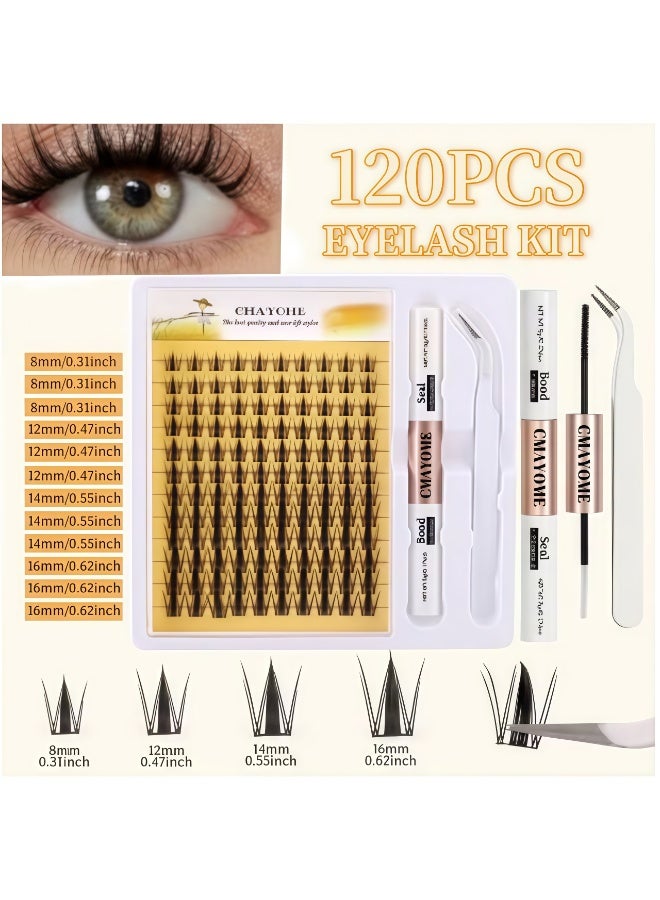 CMAYOME Cluster Lash Extension Kit 120Pcs Individual DIY Eyelash Clusters 8-16mm Mixed Length Lash Bond & Seal Glue Tweezers At Home Self Application Volume Wispy False Eyelashes Set For Beginners - Image 1