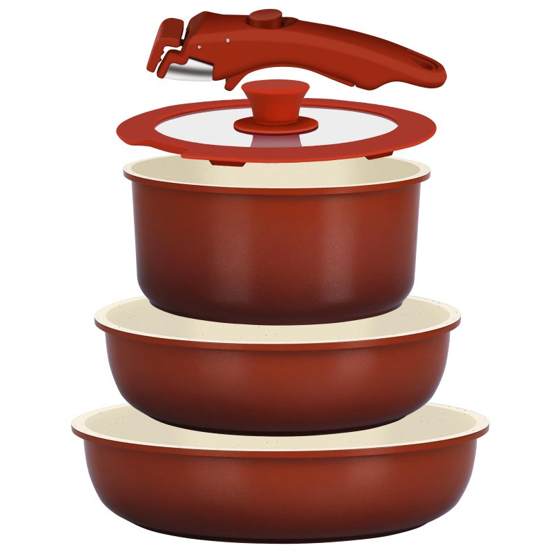 GiPP 5PCS Pots and Pans Set Non Stick, Nonstick Cookware Set Detachable Handle, Ceramic Pots for Cooking Non Stick with Removable Handle, RV Cookware Set for All Stoves, Red Black Gradien - Image 1