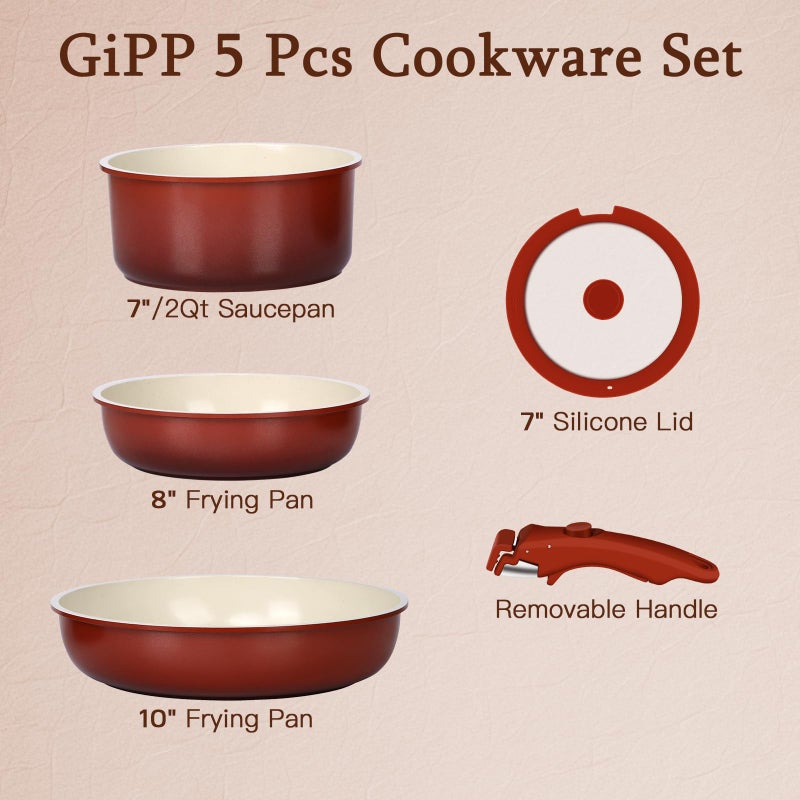 GiPP 5PCS Pots and Pans Set Non Stick, Nonstick Cookware Set Detachable Handle, Ceramic Pots for Cooking Non Stick with Removable Handle, RV Cookware Set for All Stoves, Red Black Gradien - Image 3