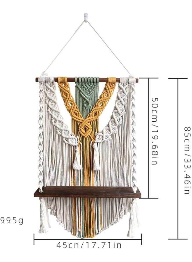 Antikiano Handmade Macrame Wall Hanging with Wooden Shelf – Yellow & Beige – 17.8 x 31.5 in – Boho Wall Decor for Living Room & Bedroom - Image 2