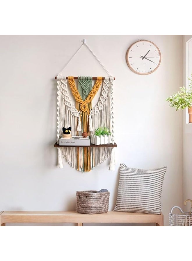 Antikiano Handmade Macrame Wall Hanging with Wooden Shelf – Yellow & Beige – 17.8 x 31.5 in – Boho Wall Decor for Living Room & Bedroom - Image 3