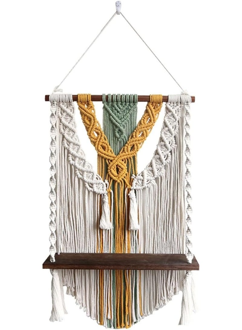 Antikiano Handmade Macrame Wall Hanging with Wooden Shelf – Yellow & Beige – 17.8 x 31.5 in – Boho Wall Decor for Living Room & Bedroom - Image 1