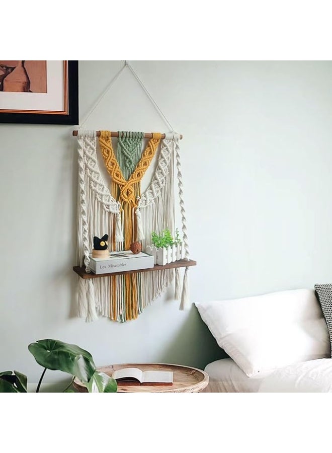 Antikiano Handmade Macrame Wall Hanging with Wooden Shelf – Yellow & Beige – 17.8 x 31.5 in – Boho Wall Decor for Living Room & Bedroom - Image 4