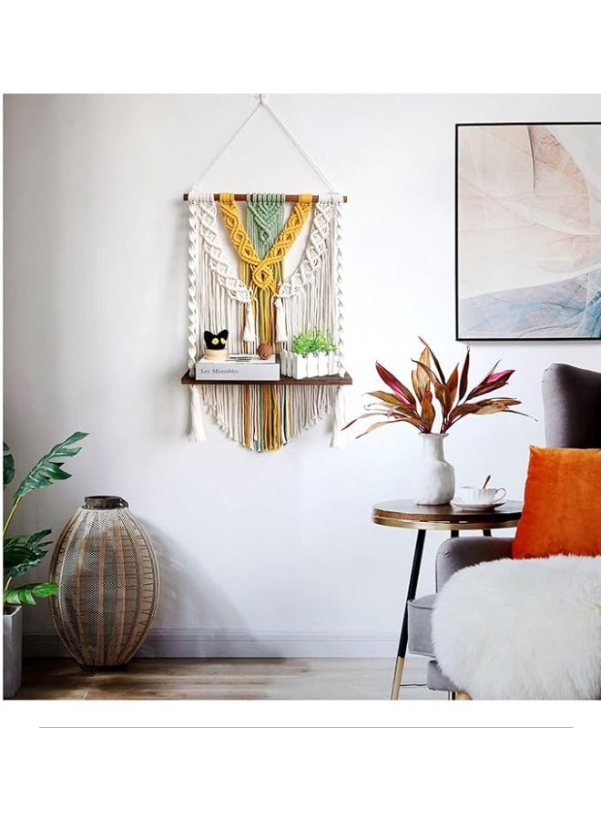 Antikiano Handmade Macrame Wall Hanging with Wooden Shelf – Yellow & Beige – 17.8 x 31.5 in – Boho Wall Decor for Living Room & Bedroom - Image 5