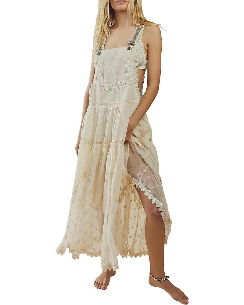 ebossy Women's Laced Embroidered Tulle Bib Dress Casual Loose Adjustable Straps Maxi Dress (XS, Apricot) - Image 1
