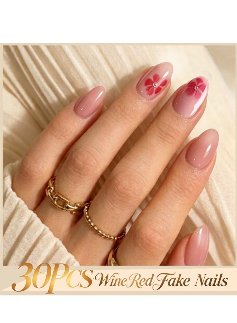 Bincoo 30PCS Press-On Nails – Almond Glossy Acrylic Fake Nails, Reusable Full Cover With Flower Rhinestones Design, Glue On Nails for Women, DIY Manicure Decoration - Image 1