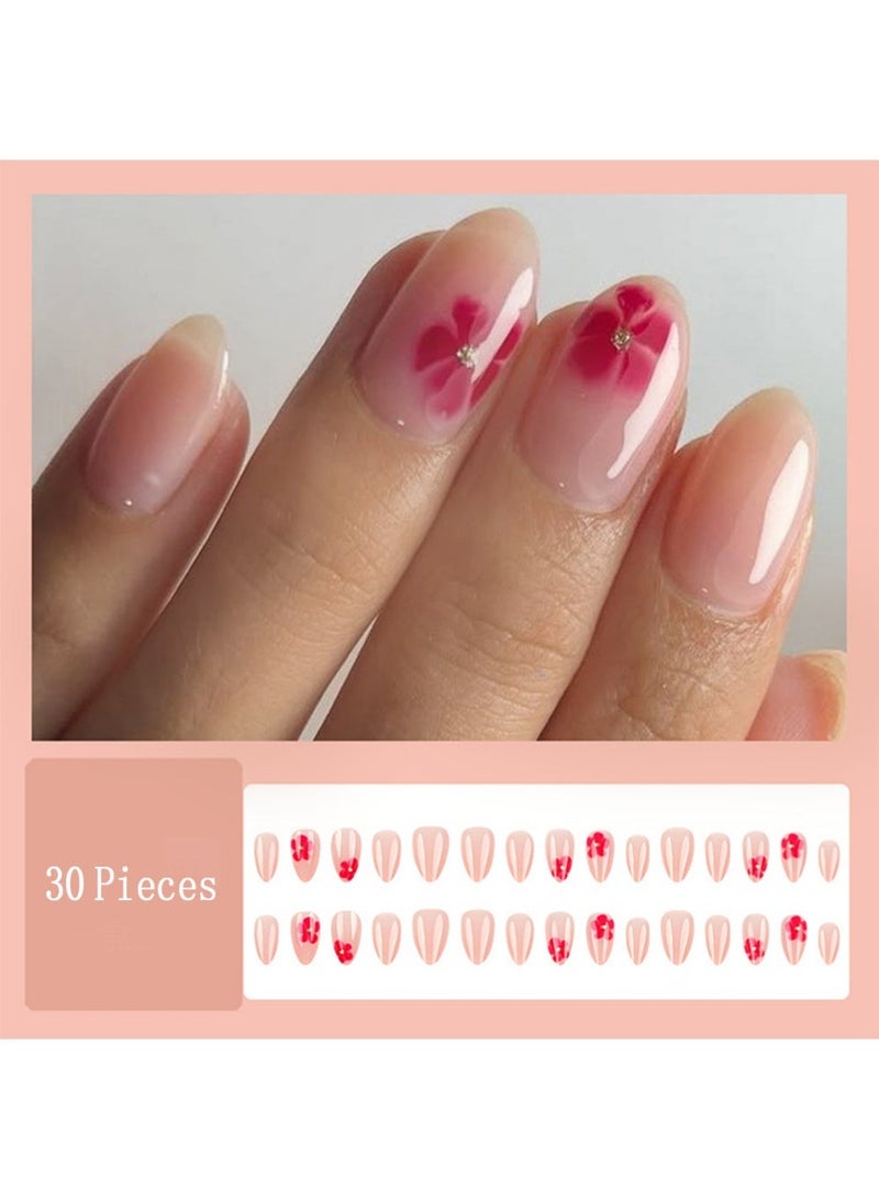 Bincoo 30PCS Press-On Nails – Almond Glossy Acrylic Fake Nails, Reusable Full Cover With Flower Rhinestones Design, Glue On Nails for Women, DIY Manicure Decoration - Image 2