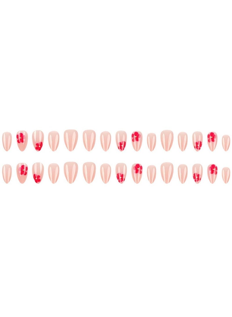 Bincoo 30PCS Press-On Nails – Almond Glossy Acrylic Fake Nails, Reusable Full Cover With Flower Rhinestones Design, Glue On Nails for Women, DIY Manicure Decoration - Image 4