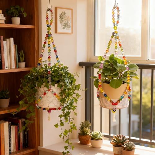 FALESHOS 2 Pack Macrame Plant Hangers with 2 Hooks, 17.9inch/16.7inch Bead Hanging Planter for Indoor Outdoor Bohemian Home Garden Decor - Image 5