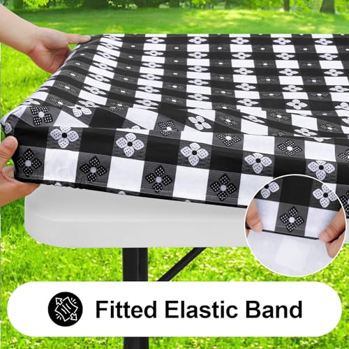 Spotjoy Rectangle Vinyl Table Cloth, Waterproof Elastic Fitted Tablecloth with Flannel Backing, Plastic Table Cover for Picnic, Camping, Outdoor (Black & White, 30"x72") - Image 2