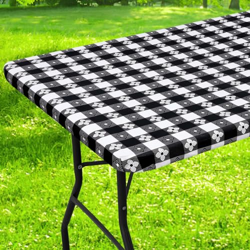 Spotjoy Rectangle Vinyl Table Cloth, Waterproof Elastic Fitted Tablecloth with Flannel Backing, Plastic Table Cover for Picnic, Camping, Outdoor (Black & White, 30"x72") - Image 1