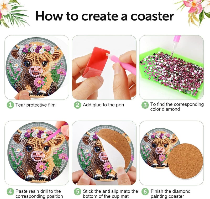 croshom 8 Pieces Cow Diamond Art Coasters Kit  Diamond Painting Coasters  Cow Diamonds Art Painting Kits 5D Diy Full Drill Diamonds Arts Kits For Adults Gift & Home Decor - Image 5