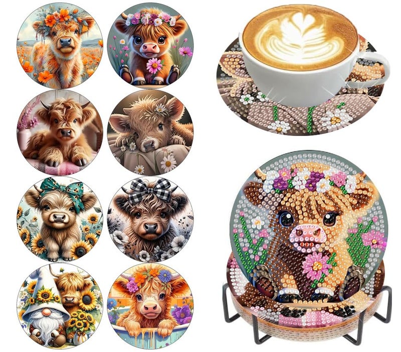 croshom 8 Pieces Cow Diamond Art Coasters Kit  Diamond Painting Coasters  Cow Diamonds Art Painting Kits 5D Diy Full Drill Diamonds Arts Kits For Adults Gift & Home Decor - Image 1
