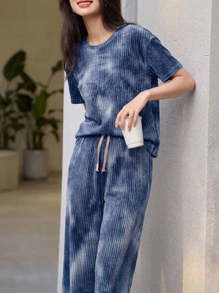 SMOWKLY Women’s Tie-Dye Pajama Set | Relaxed Fit Short Sleeve Top & Long Pants Sleepwear | Soft & Comfy Lounge Wear Set with Pockets winter wear for women | Trendy Korean Co-ord Set (1682_BL_2XL) - Image 2