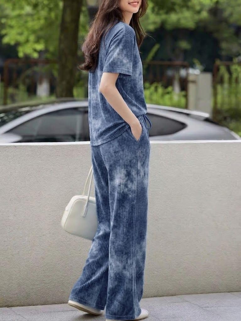 SMOWKLY Women’s Tie-Dye Pajama Set | Relaxed Fit Short Sleeve Top & Long Pants Sleepwear | Soft & Comfy Lounge Wear Set with Pockets winter wear for women | Trendy Korean Co-ord Set (1682_BL_2XL) - Image 3
