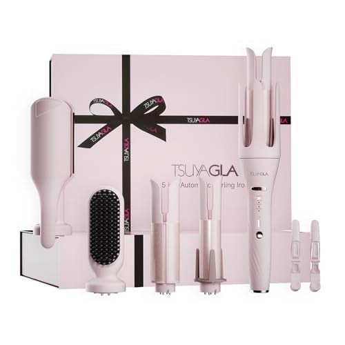 TSUYAGLA 5 in 1 Auto Curling Iron Set with Interchangeable Barrels 1 125 15 Curling Wand Hair Crimper Straightening Brush Rotating Ceramic Curler 3 Temp Dual Voltage AntiScald Pink - Image 1