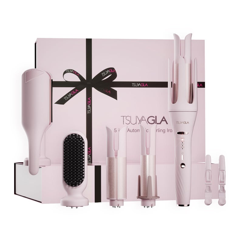 TSUYAGLA 5 in 1 Auto Curling Iron Set with Interchangeable Barrels 1 125 15 Curling Wand Hair Crimper Straightening Brush Rotating Ceramic Curler 3 Temp Dual Voltage AntiScald Pink - Image 2