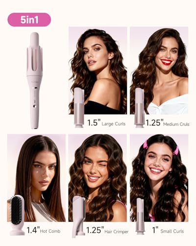 TSUYAGLA 5 in 1 Auto Curling Iron Set with Interchangeable Barrels 1 125 15 Curling Wand Hair Crimper Straightening Brush Rotating Ceramic Curler 3 Temp Dual Voltage AntiScald Pink - Image 3