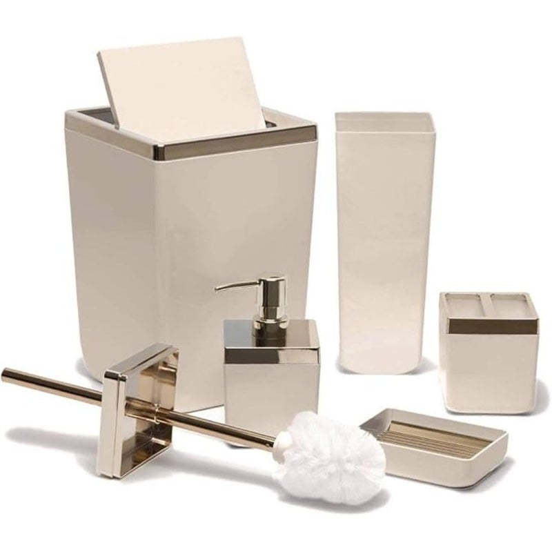 Bath Accessories Set, 5 Pcs Acrylic Bathroom Set (Toothbrush Holder Cup, Trash Can 6 Liters, Lotion Soap Dispenser (440 Ml), Soap Dish, Toilet Brush) Golden Ring (Beige) - Image 1