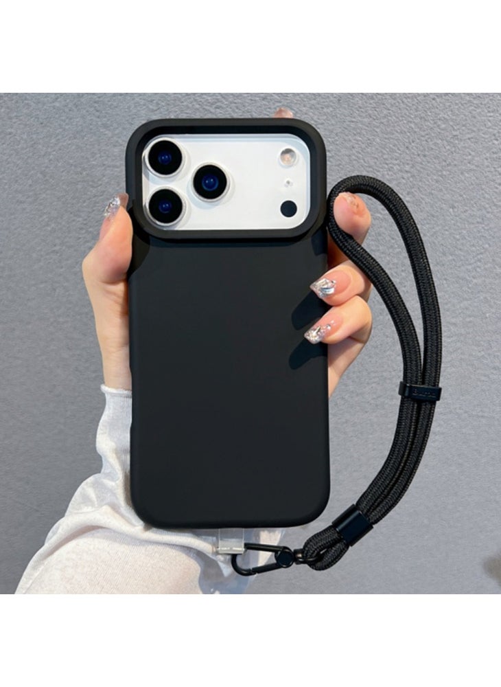 For iPhone 17 Pro Max Case Soft Microfiber Lining Liquid Silicone+PC Phone Cover with Wrist Strap - Black - Image 1