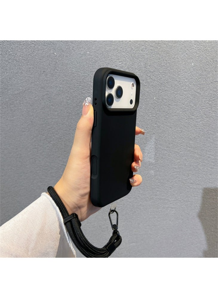 For iPhone 17 Pro Max Case Soft Microfiber Lining Liquid Silicone+PC Phone Cover with Wrist Strap - Black - Image 2