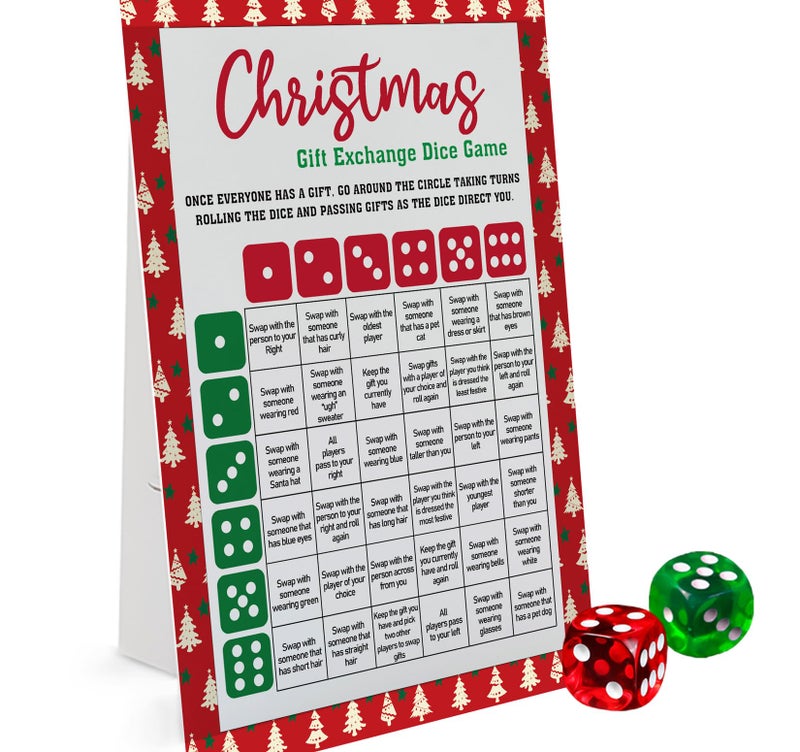 Xenseou Exchange Dice Game, One Instruction Standing Sign with 2 Dice, Christmas Group Party Game, Xmas Gift Swap Game-SDGE02 - Image 5