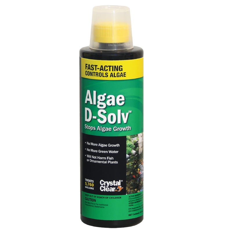 Crystal Clear CrystalClear Algae D-Solv Pond Algae Control, Fast-Acting EPA Registered Algaecide, Use in Fountains & Outdoor Ponds Containing Koi & Other Fish, Treats 5,760 Gallons, 16 Ounces - Image 1