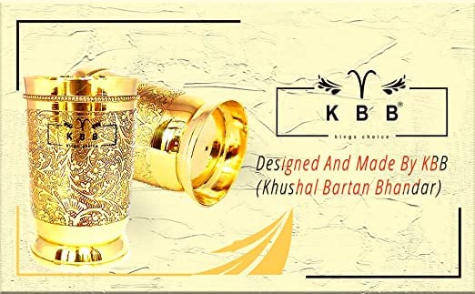KBB Pure Brass Glass Tumbler with Etching Art Finish Indian HANDWORKED Pack of 2 - Image 4