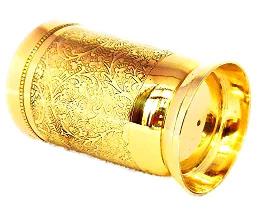 KBB Pure Brass Glass Tumbler with Etching Art Finish Indian HANDWORKED Pack of 2 - Image 3