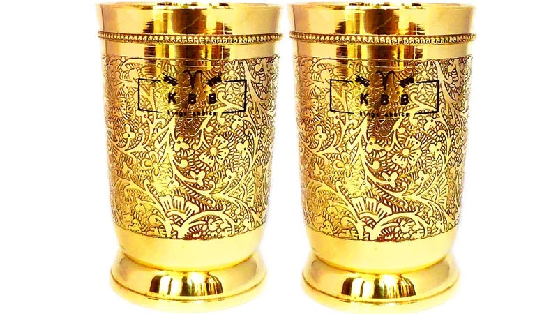 KBB Pure Brass Glass Tumbler with Etching Art Finish Indian HANDWORKED Pack of 2 - Image 1