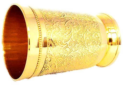 KBB Pure Brass Glass Tumbler with Etching Art Finish Indian HANDWORKED Pack of 2 - Image 2