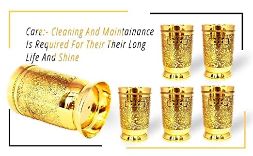 KBB Pure Brass Glass Tumbler with Etching Art Finish Indian HANDWORKED Pack of 2 - Image 5