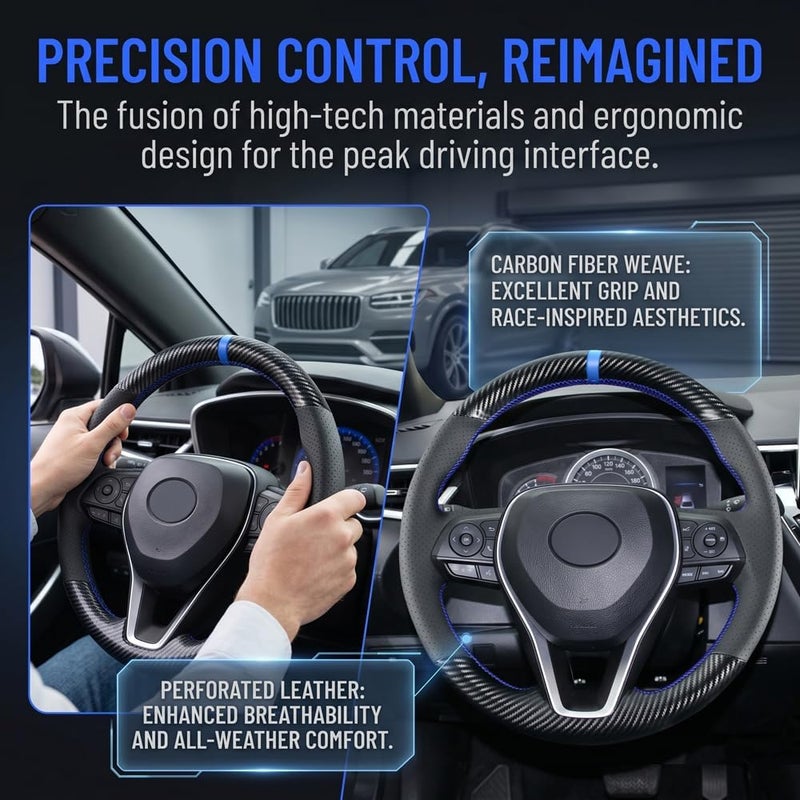 Kivnto غطاء عجلة القيادة من ألياف الكربون للتركيب الذاتي والخياطة لتويوتا RAV4 SUV Avalon 2019-2023 / كامري 2018-2023 كورولا 2020-2024 مقاس 15 بوصة، إكسسوارات داخلية من الجلد الأسود (كامري 2018 - أزرق) - Image 4