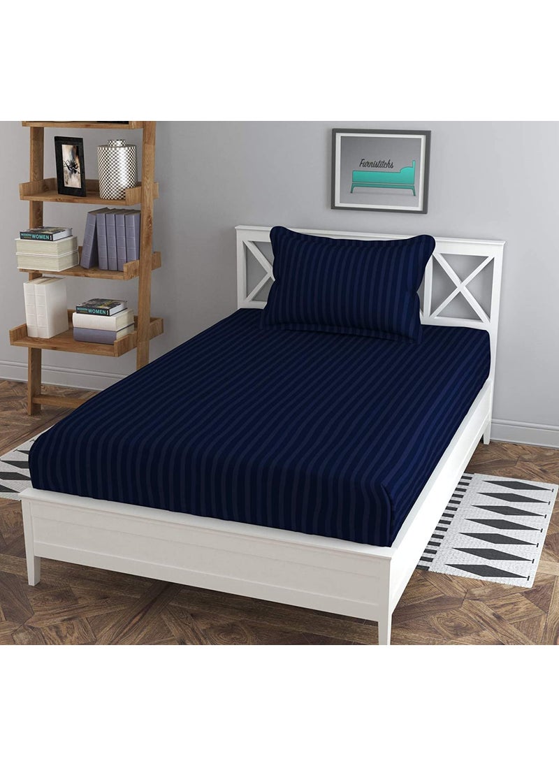 NHD HOME NHD HOME 210 Tc Glace Cotton Sartin StripedPlain Bedsheets for Single Bed CoatDiwanSize Bed with One Pillow Covers for HomeHotelsGuest House Color Navy Blue 