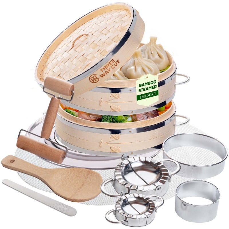 2tier 10 Bamboo Steamer with Reinforcement  Handle Reusable Silicone Liner  Accessories Kit For Cooking Dumpling Baby Bao Bun Dim Sum Rice Potsticker Steaming Chinese Asian Food  Vegetables