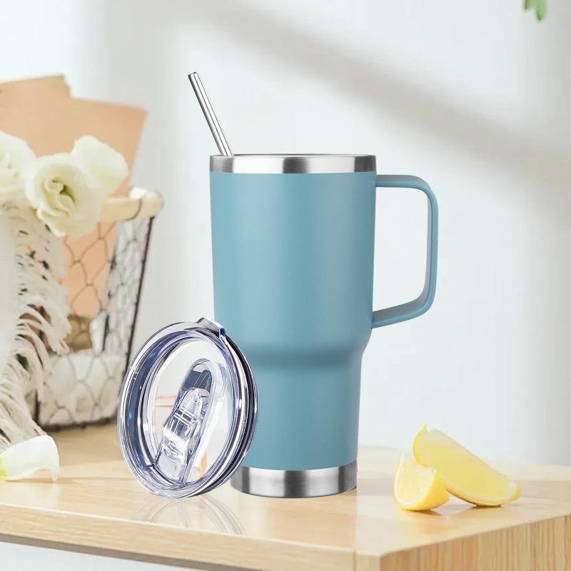 FristChoice 20oz Insulated Tumbler with Handle Stainless Steel Travel Coffee Mug with Lid and Straw Double Wall Vacuum Leak-proof Reusable Thermal Water Cup for Hot and Cold Drinks (Glacier blue,1 Pack) - Image 2