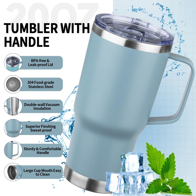 FristChoice 20oz Insulated Tumbler with Handle Stainless Steel Travel Coffee Mug with Lid and Straw Double Wall Vacuum Leak-proof Reusable Thermal Water Cup for Hot and Cold Drinks (Glacier blue,1 Pack) - Image 3