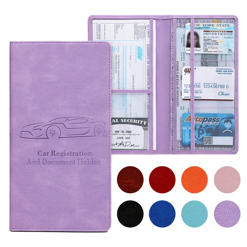 Peisicne Car Registration and Insurance Card Holder for Women Men, Purple Glove Box Paperwork Organizer with Magnetic Buckle for Easy Access and Protect Documents and Various Cards in Vehicle - Image 1