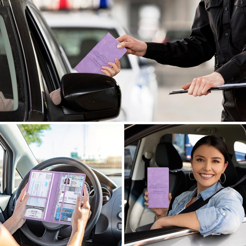 Peisicne Car Registration and Insurance Card Holder for Women Men, Purple Glove Box Paperwork Organizer with Magnetic Buckle for Easy Access and Protect Documents and Various Cards in Vehicle - Image 2