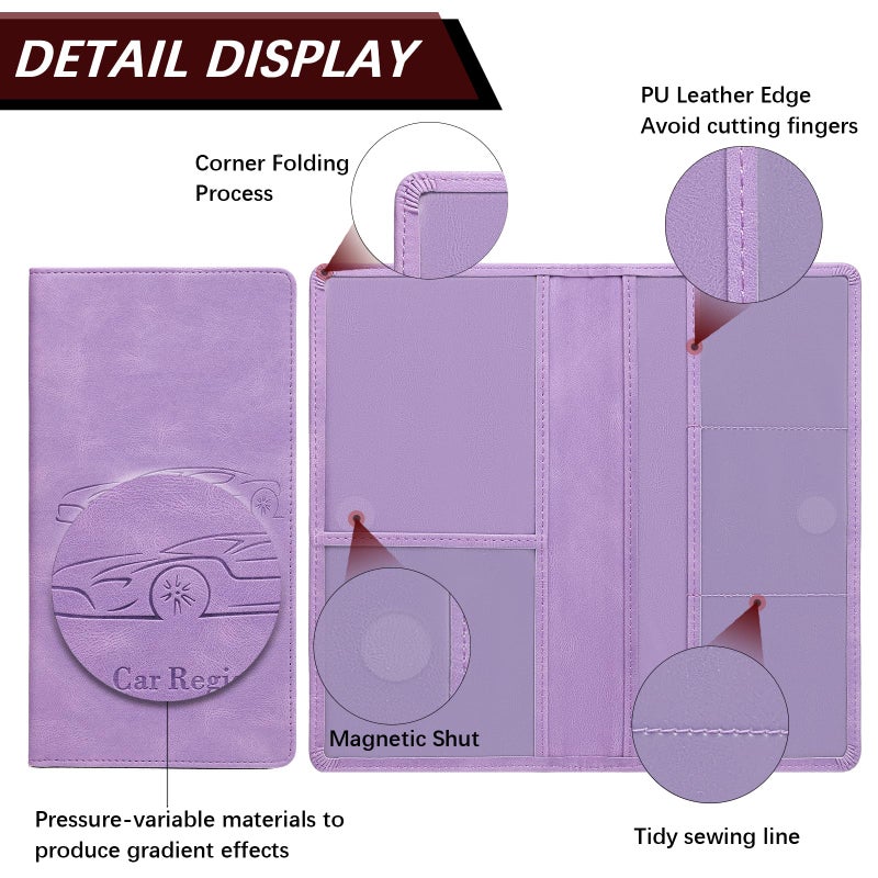 Peisicne Car Registration and Insurance Card Holder for Women Men, Purple Glove Box Paperwork Organizer with Magnetic Buckle for Easy Access and Protect Documents and Various Cards in Vehicle - Image 4