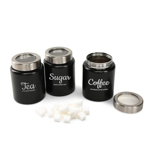 dudki Quoted Stainless Steel Round Canister/Kitchen Storage for Tea Coffee Sugar pack of 3 (BLACK) 800 Millilitre/Each Jar - Image 5