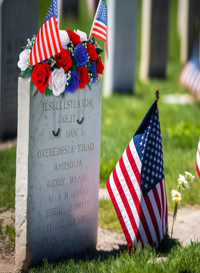 Lemosae Memorial Day Decorations for Cemetery, Saddle Headstone Artificial Red White and Blue Roses with American Flags for Patriotic 250th Anniversary 4th of July Tombstone Outdoor Decor - Image 5