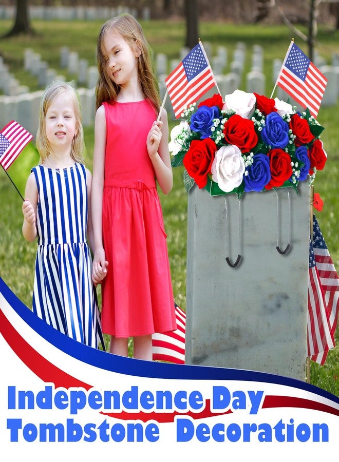 Lemosae Memorial Day Decorations for Cemetery, Saddle Headstone Artificial Red White and Blue Roses with American Flags for Patriotic 250th Anniversary 4th of July Tombstone Outdoor Decor - Image 2