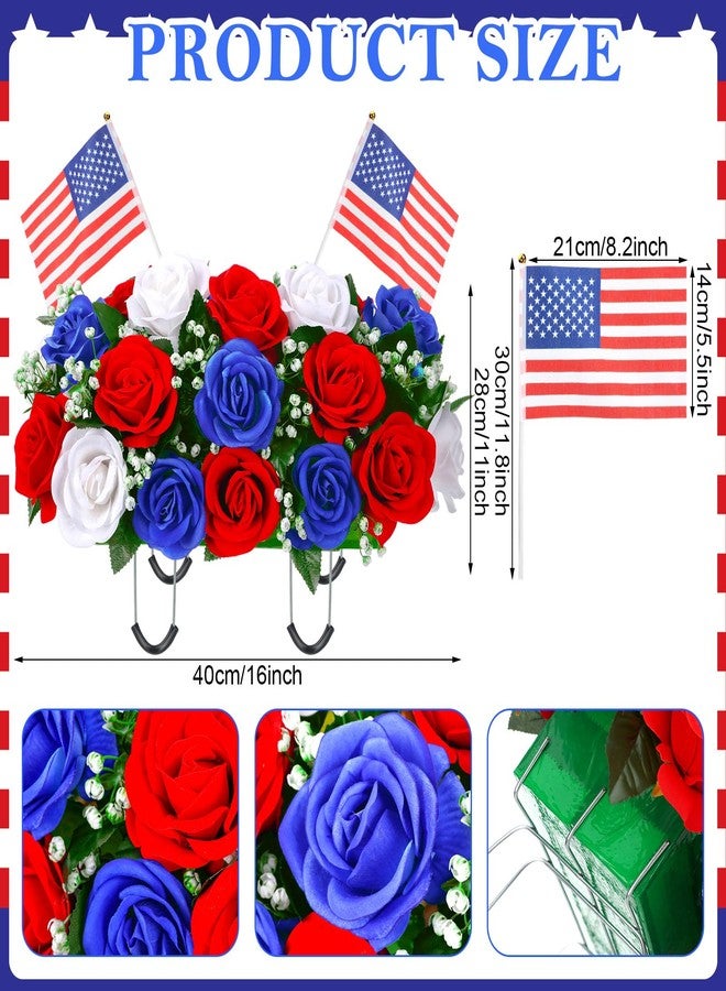 Lemosae Memorial Day Decorations for Cemetery, Saddle Headstone Artificial Red White and Blue Roses with American Flags for Patriotic 250th Anniversary 4th of July Tombstone Outdoor Decor - Image 3