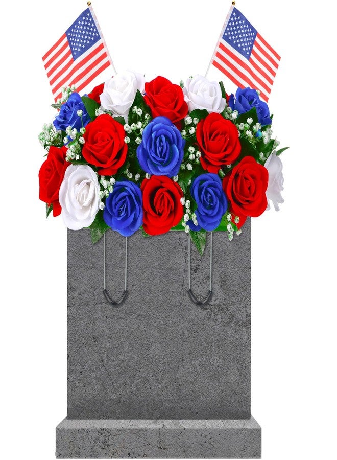 Lemosae Memorial Day Decorations for Cemetery, Saddle Headstone Artificial Red White and Blue Roses with American Flags for Patriotic 250th Anniversary 4th of July Tombstone Outdoor Decor - Image 1