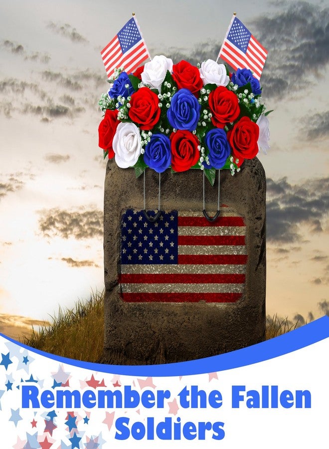 Lemosae Memorial Day Decorations for Cemetery, Saddle Headstone Artificial Red White and Blue Roses with American Flags for Patriotic 250th Anniversary 4th of July Tombstone Outdoor Decor - Image 4