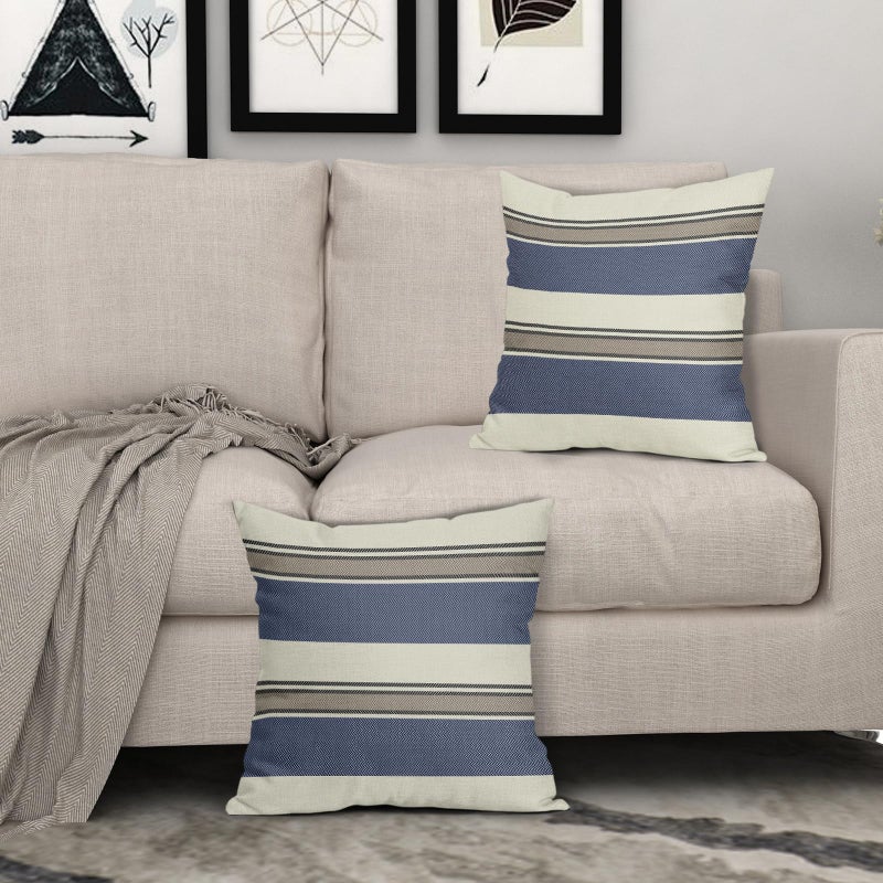 Aytipun Navy Blue Striped Pillow Covers 18x18 Set of 2 Blue Brown Boho Stripe Pattern Cream Farmhouse Decorative Throw Pillows Outdoor Modern Print Linen Cushion Case with Zipper Decor for Sofa Couch Bed - Image 3