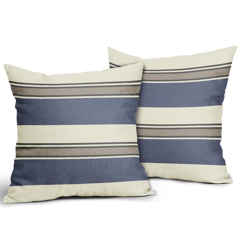 Aytipun Navy Blue Striped Pillow Covers 18x18 Set of 2 Blue Brown Boho Stripe Pattern Cream Farmhouse Decorative Throw Pillows Outdoor Modern Print Linen Cushion Case with Zipper Decor for Sofa Couch Bed - Image 2